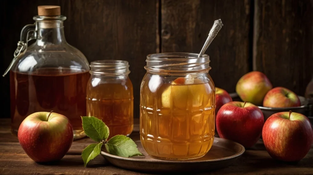 Strained apple pie moonshine being poured into sterilized mason jars