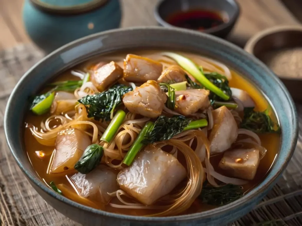 Wide rice noodles being stir-fried with pork in a wok for Pad See Ew.
