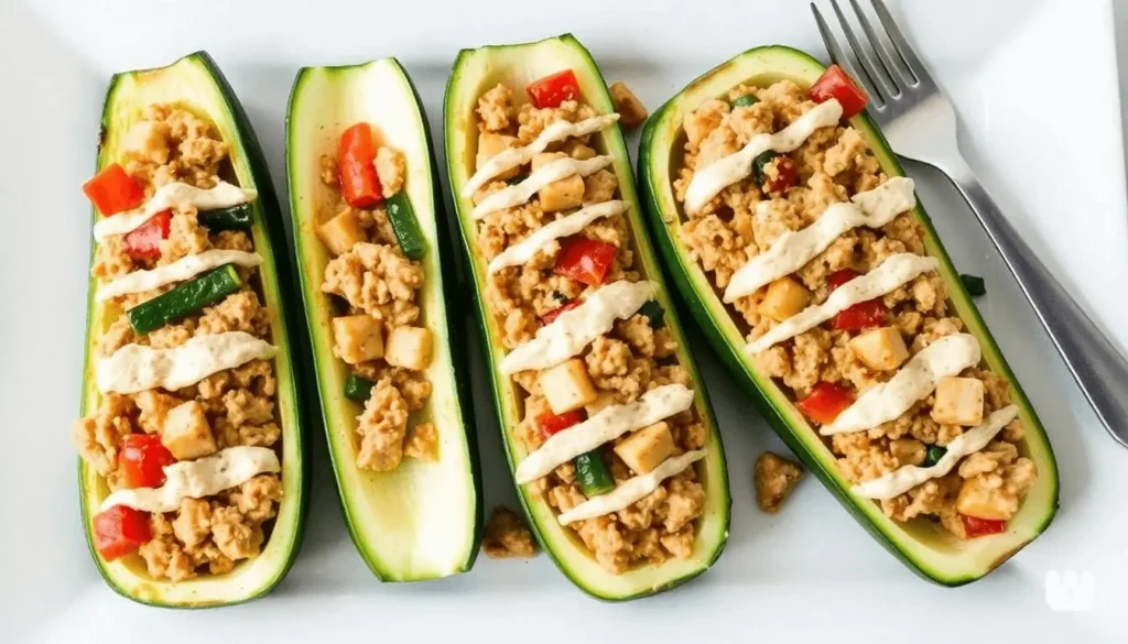 Zucchini boats filled with seasoned ground chicken and melted cheese.