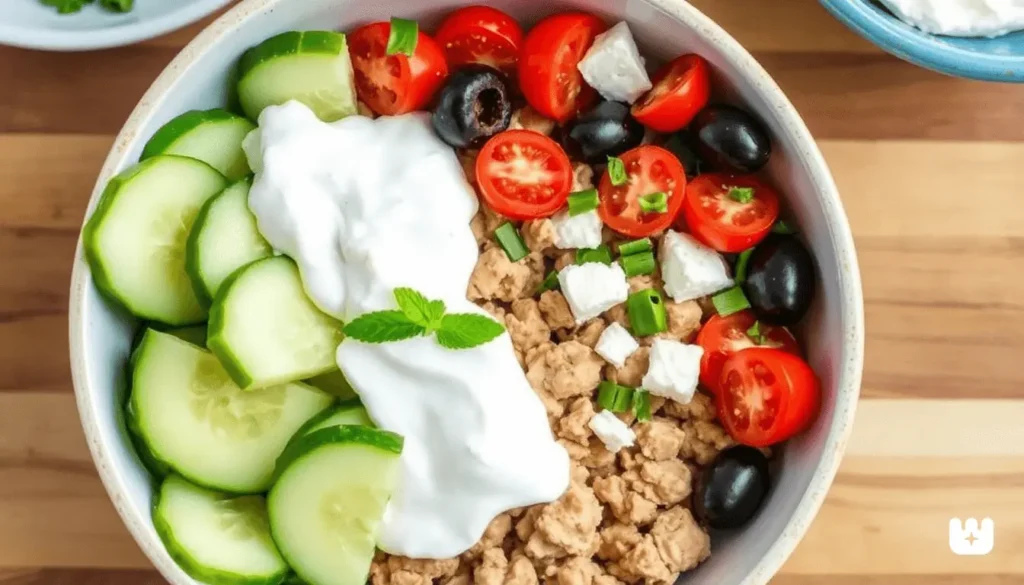 A Mediterranean-inspired ground chicken bowl with fresh veggies, hummus, and tzatziki sauce.