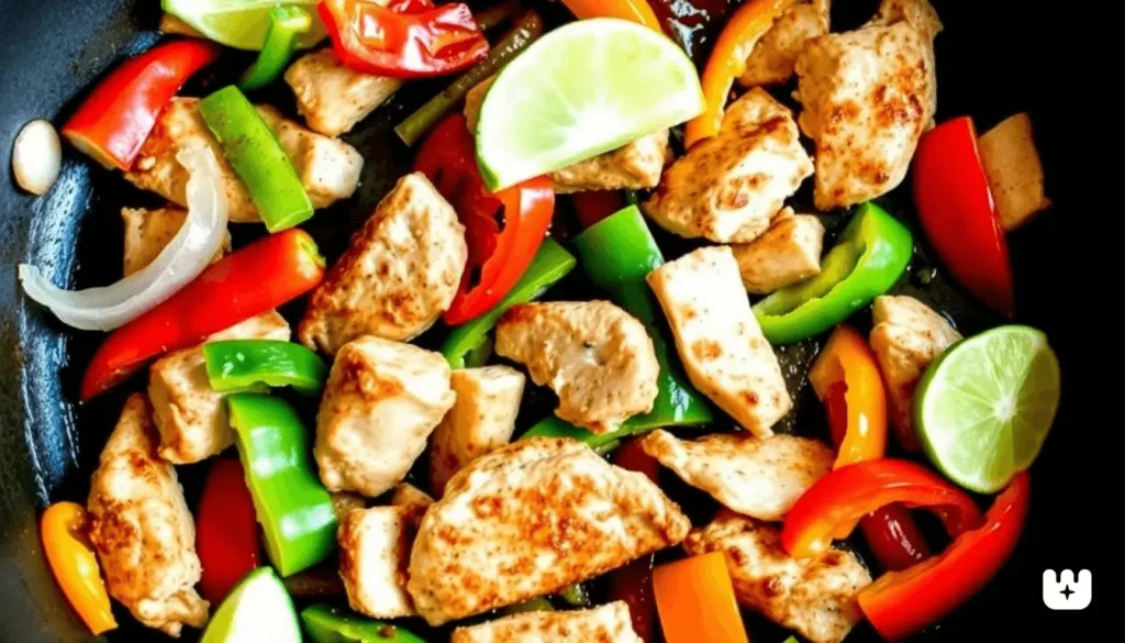 One-pan chicken fajitas with sautéed peppers and onions served in a skillet