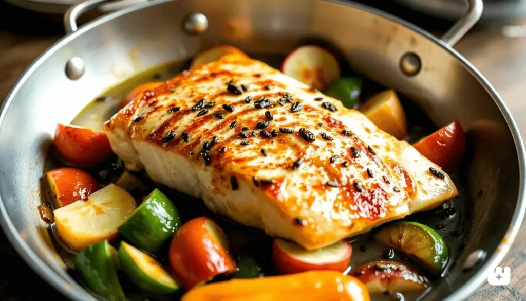 Grilled halibut fillet with char marks served with herb marinade and grilled vegetables