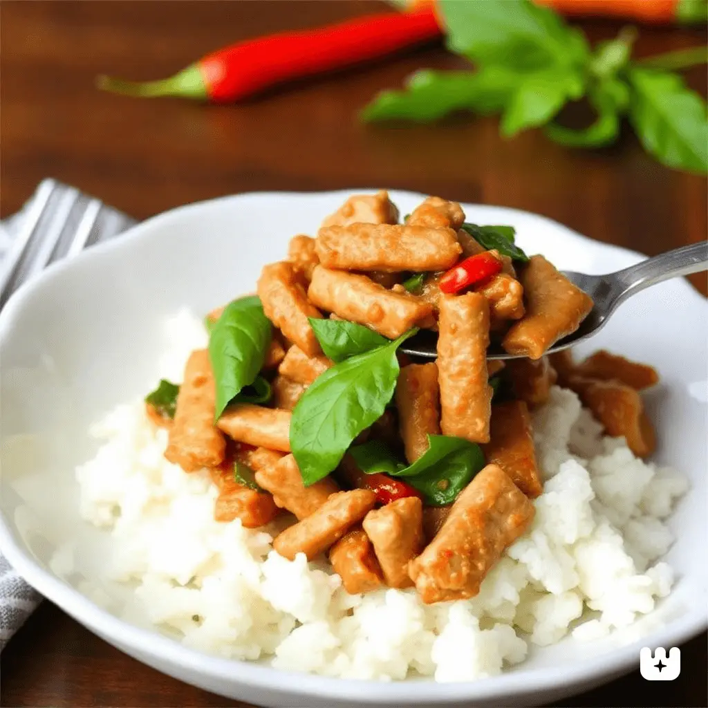 A spicy Thai basil stir-fry with ground chicken, chilies, and basil served over rice.