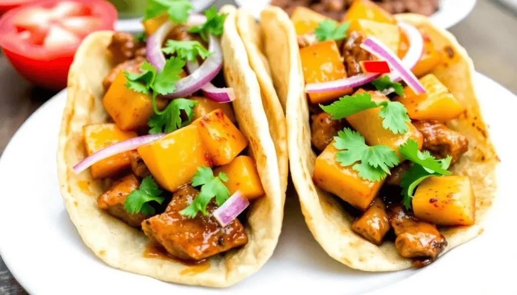 Tacos al Pastor with pineapple and cilantro on corn tortillas