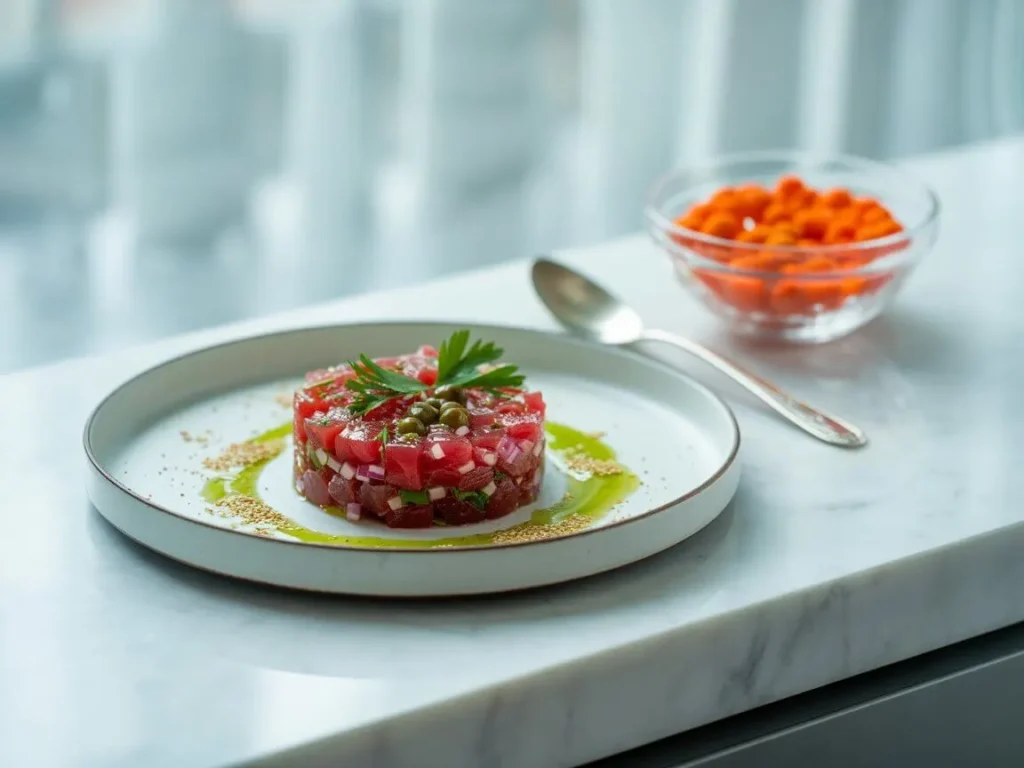 Mixing tuna tartare marinade ingredients in a glass bowl