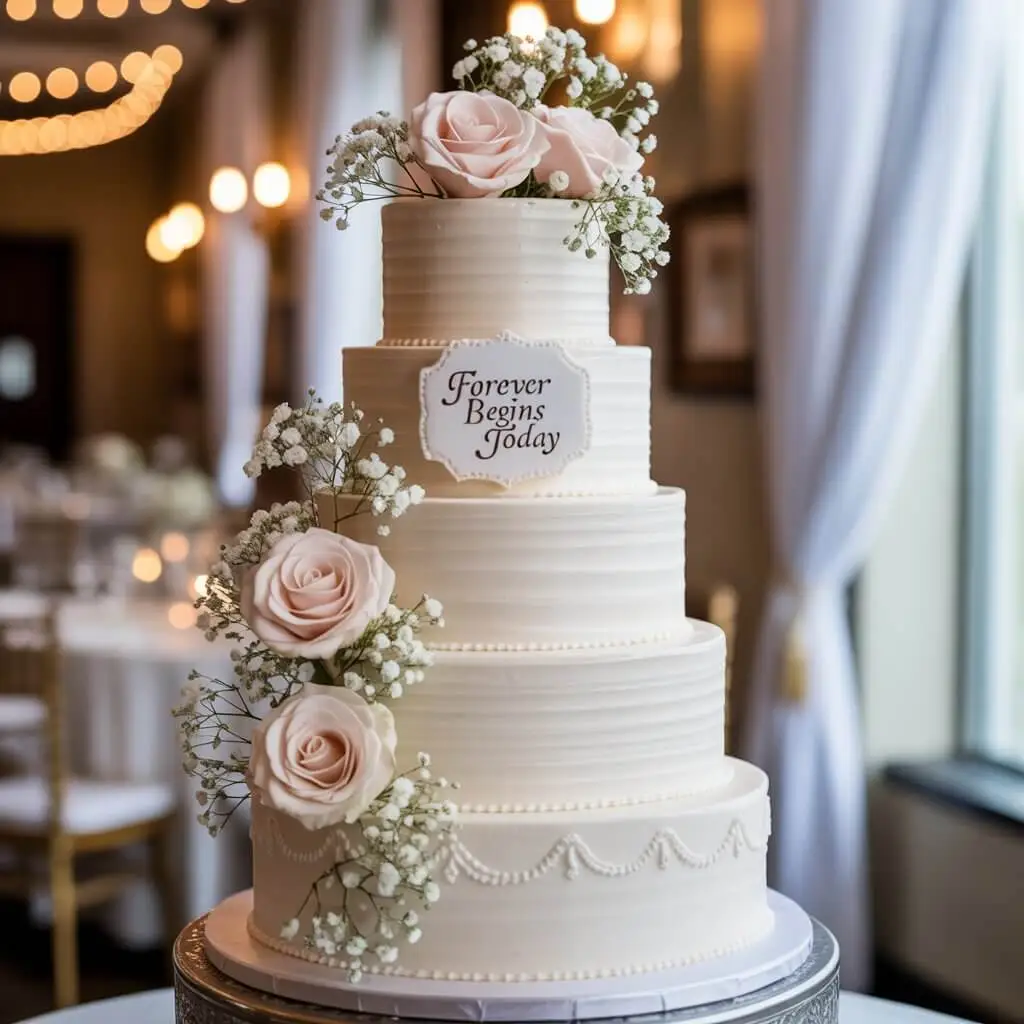 Elegant white wedding cake with fresh floral decorations and three tiers