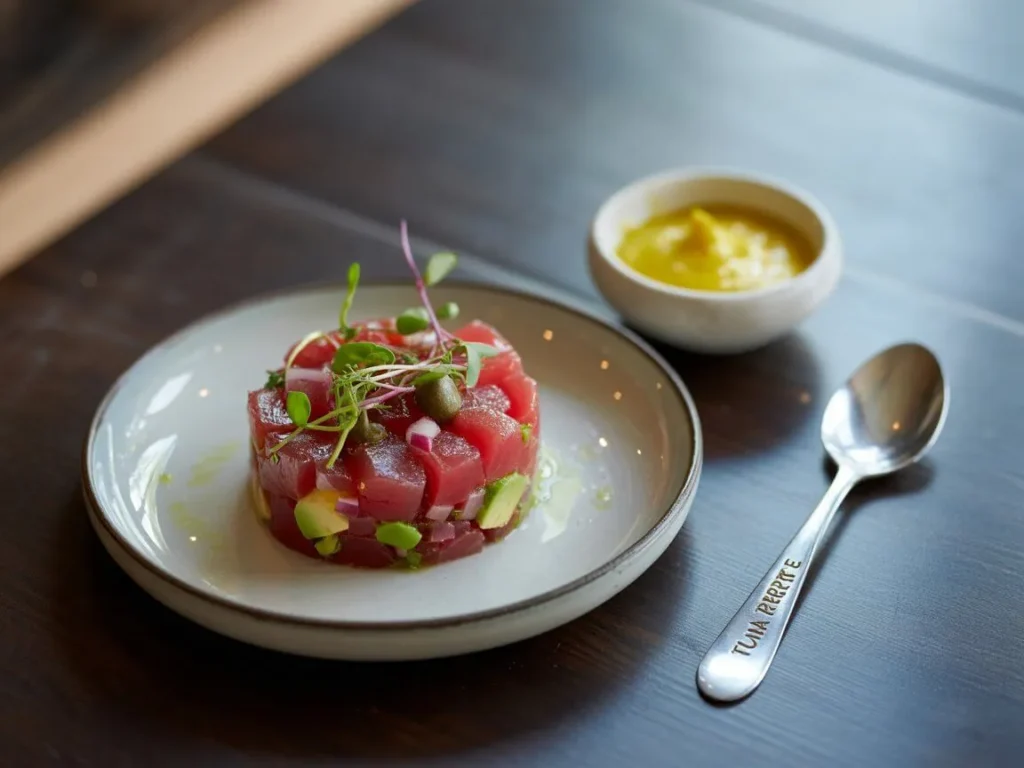 Tuna tartare formed with a ring mold for elegant plating