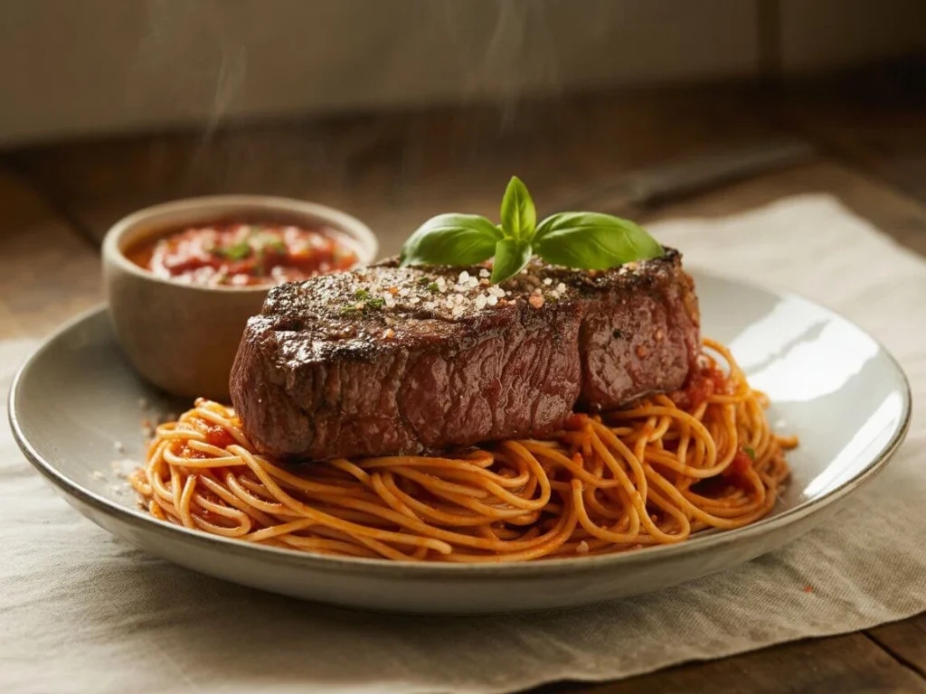 "Golden parmesan-crusted NY strip steak sliced over rigatoni pasta with marinara sauce"