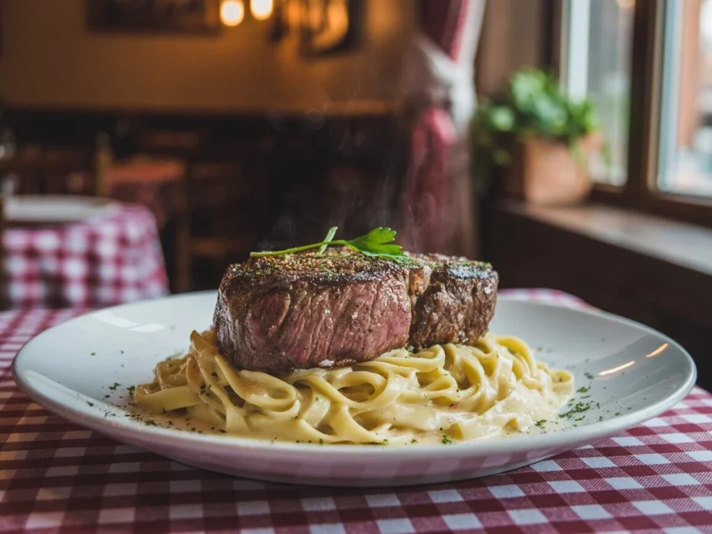 "Raw flank steak, mushrooms, and pappardelle pasta with red wine for gourmet steak pasta"