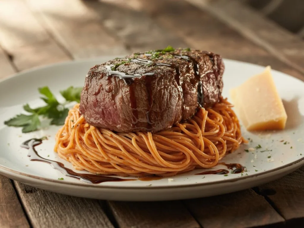 "Hand stirring garlic soy steak noodles in a wok with udon, scallions, and sesame seeds"