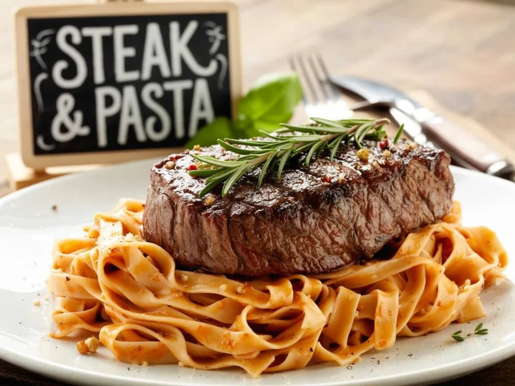 "Spicy Cajun steak strips sizzling in a skillet with penne pasta and red bell peppers"