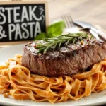 "Spicy Cajun steak strips sizzling in a skillet with penne pasta and red bell peppers"