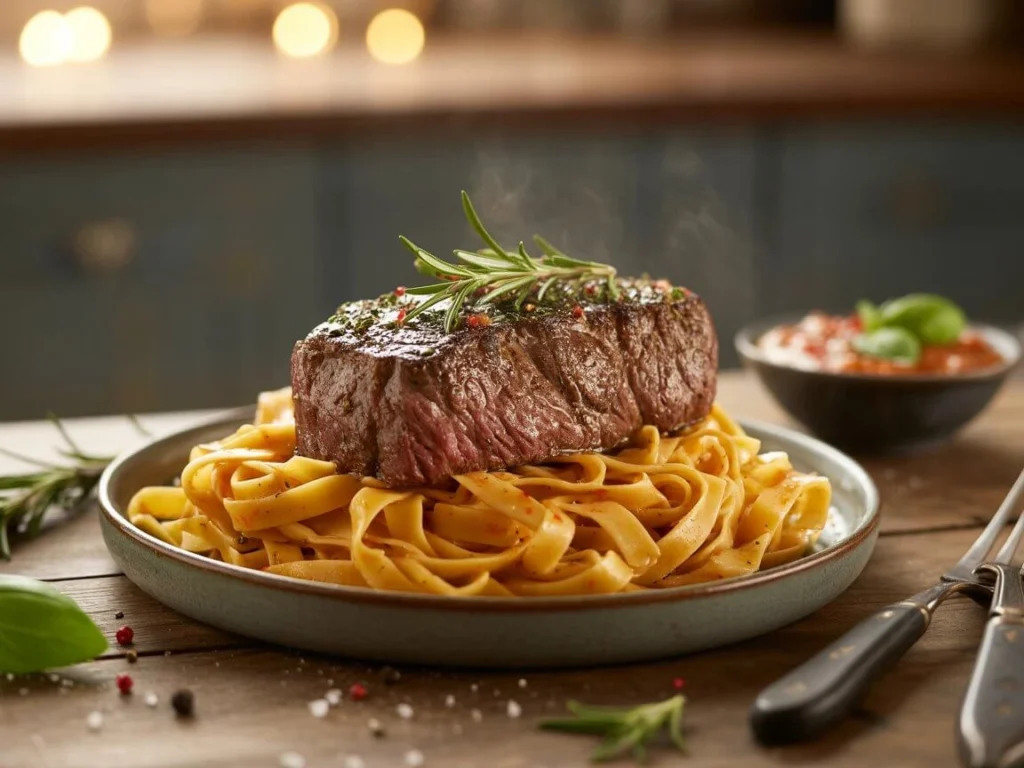 "Collage of five steak and pasta recipes including creamy fettuccine, Cajun penne, and garlic soy noodles"