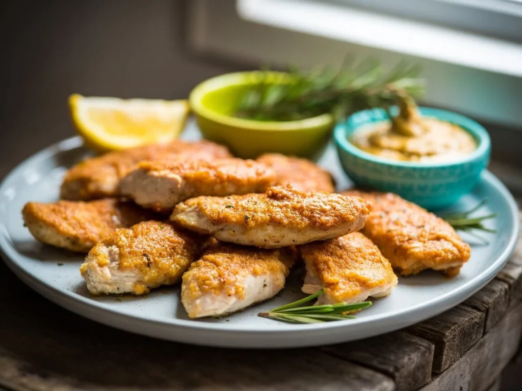 Crispy fried chicken tenderloins with a dipping sauce on the side