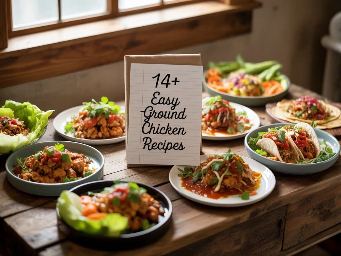 variety of delicious ground chicken dishes including stir-fry, tacos, lettuce wraps, and more, showcasing healthy meal options.