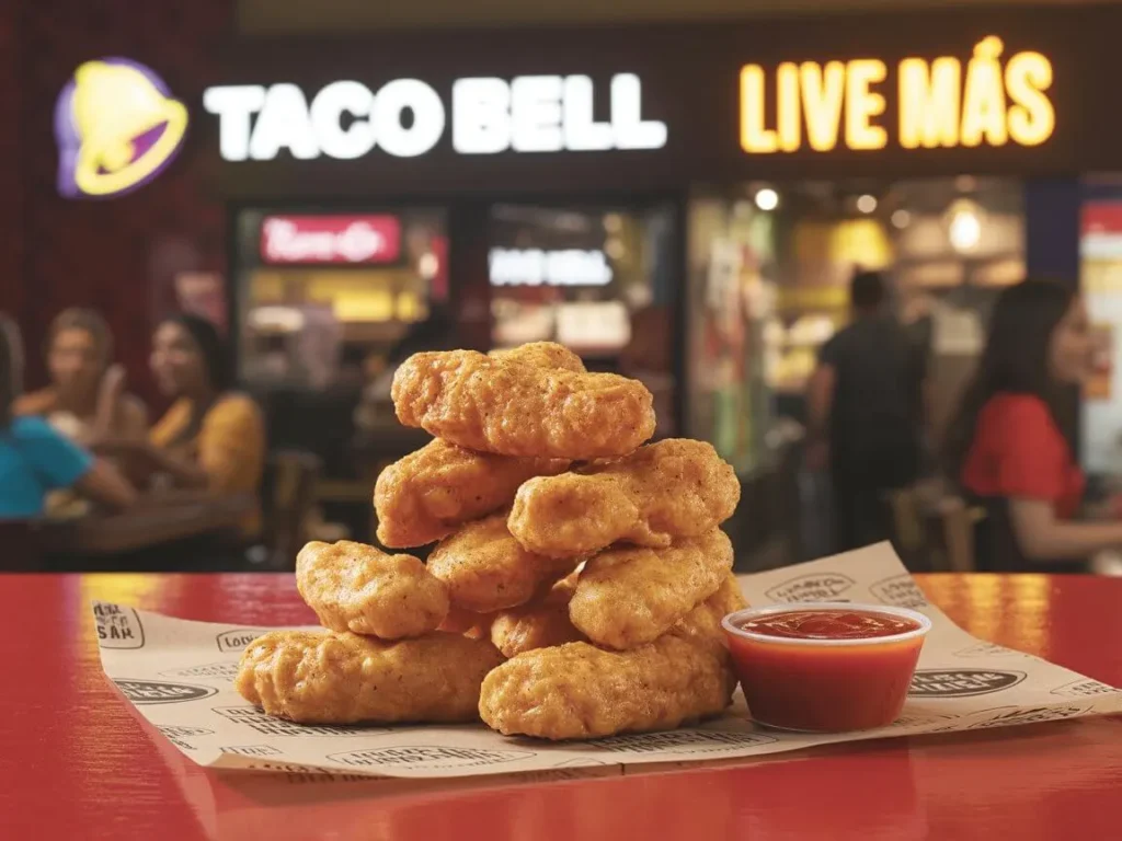 Taco Bell chicken nugget being dipped into warm nacho cheese sauce.