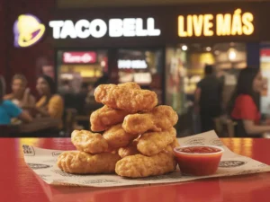 Taco Bell chicken nugget being dipped into warm nacho cheese sauce.