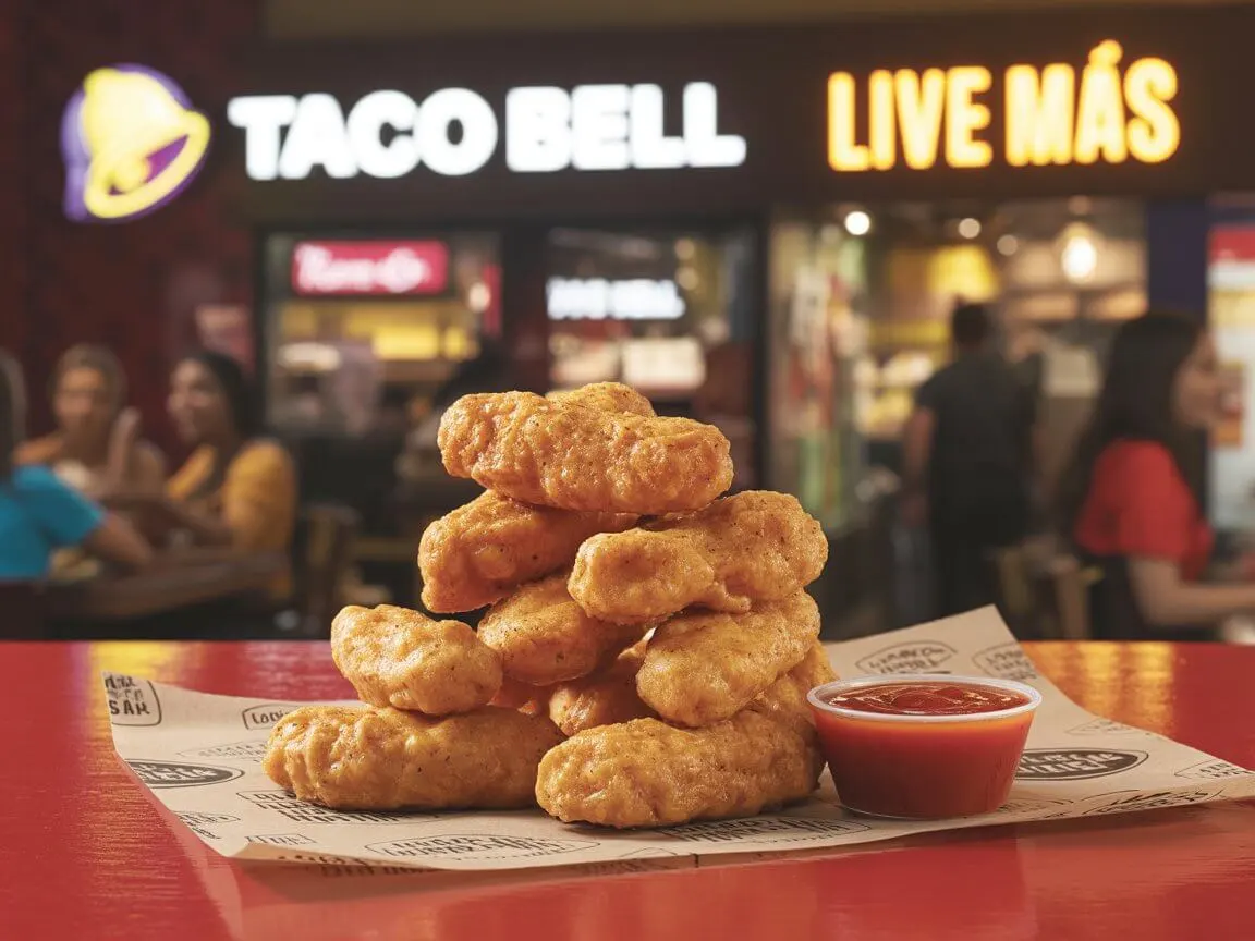 Taco Bell chicken nugget being dipped into warm nacho cheese sauce.