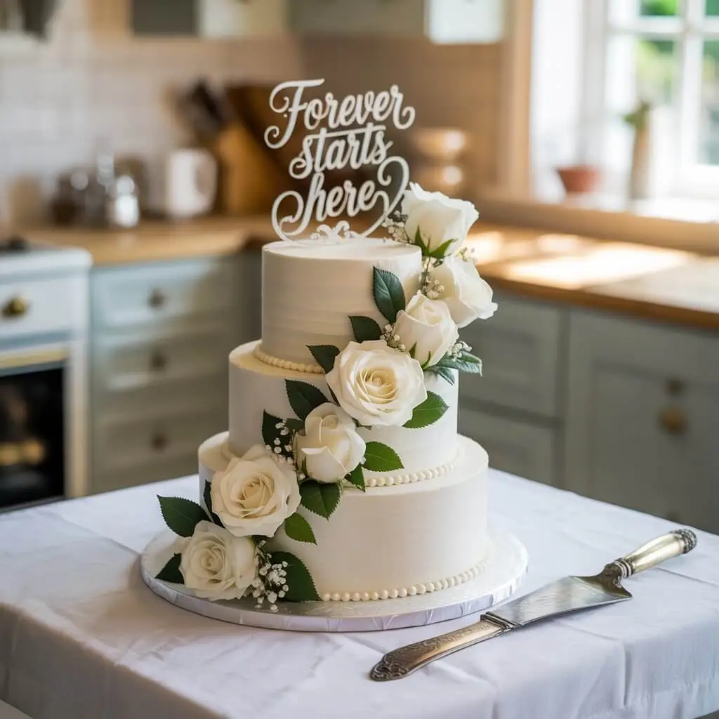 Wedding cupcake tower with a small top-tier cake and bride and groom figurine