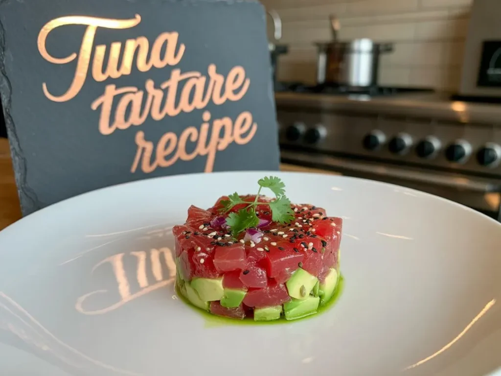 Tuna tartare served as an appetizer with a glass of white wine