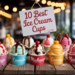 "Ten assorted ice cream cups stacked with different flavors and toppings"