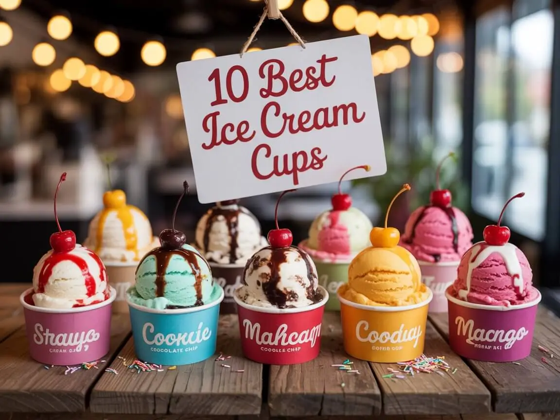 "Ten assorted ice cream cups stacked with different flavors and toppings"