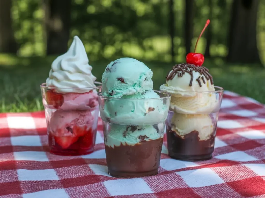 "Custom-branded ice cream cups on cafe counter with menu board"