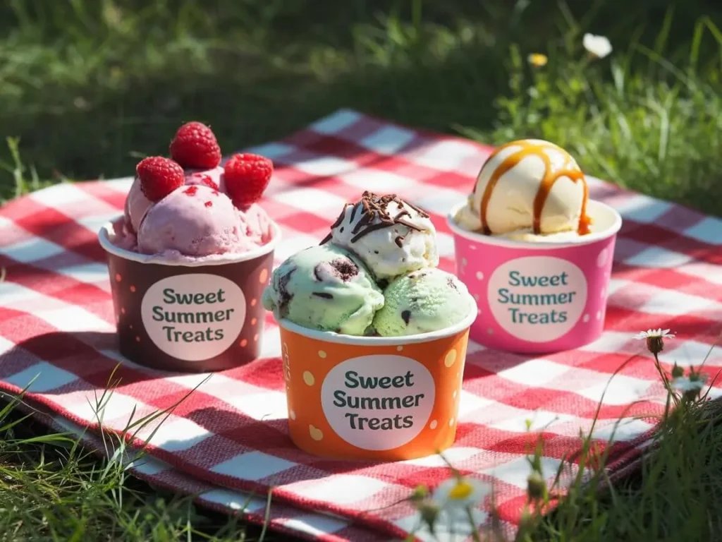 "Three vibrant ice cream cups with colorful toppings on a summer table"