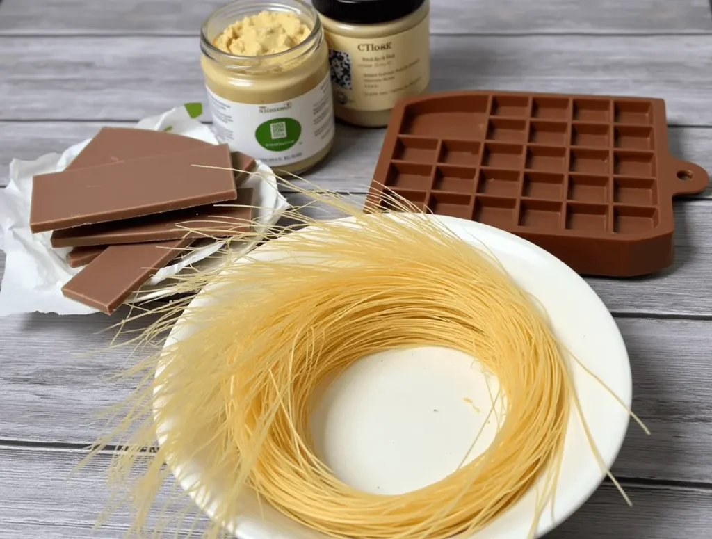 Assembling the knafeh chocolate bar layers in a baking dish
