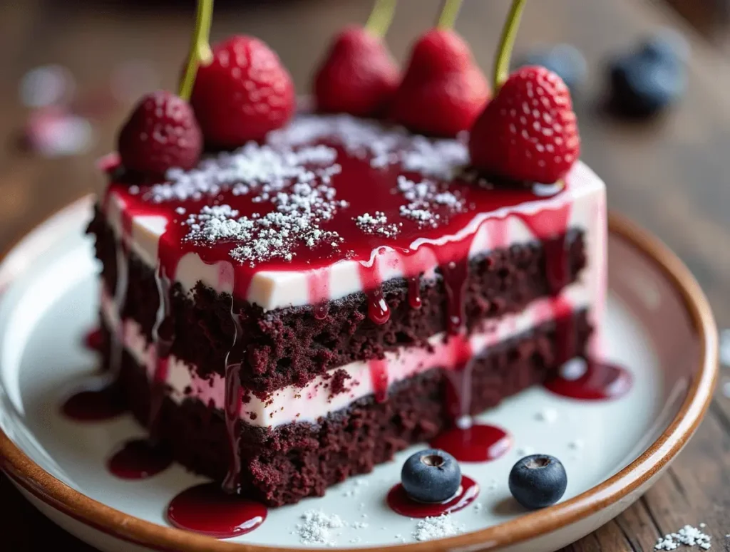 Piping whipped cream frosting on the top of a Black Forest Cake