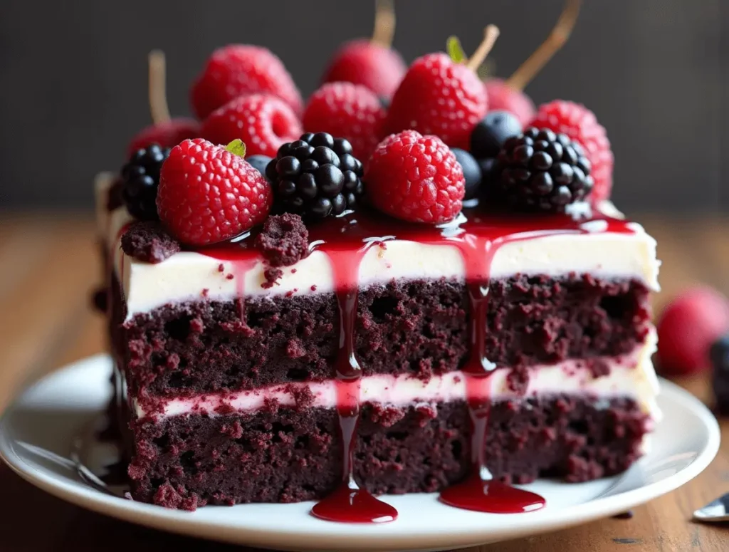 Slice of Black Forest Cake showing moist chocolate layers and cherry filling