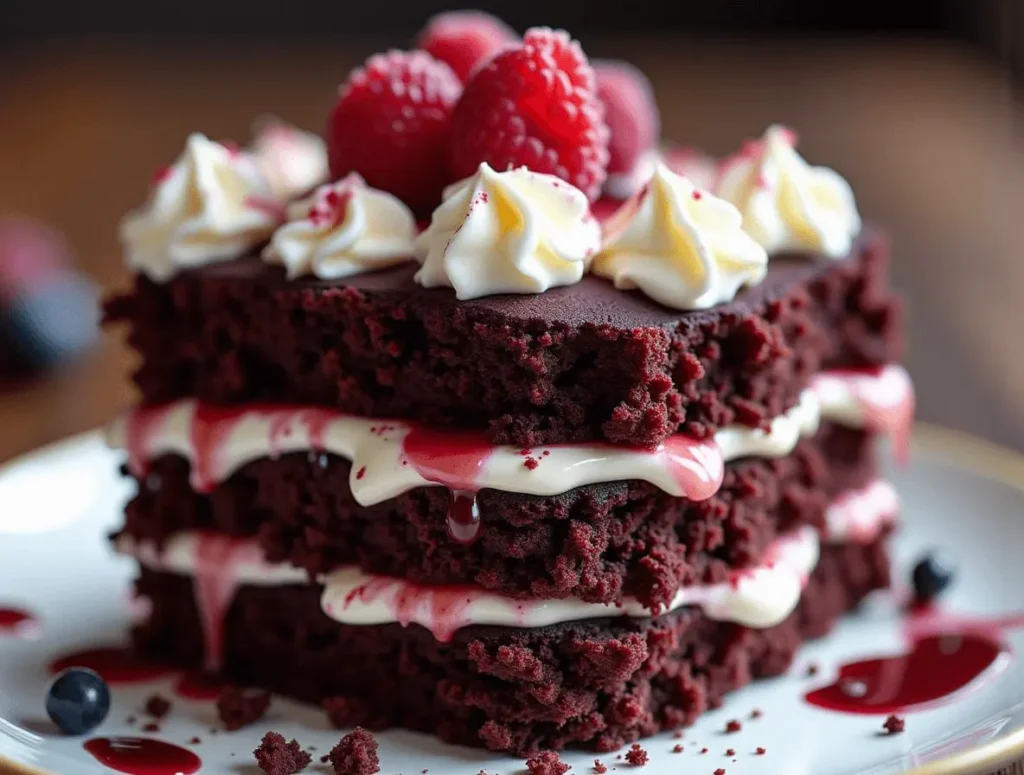 Cherry filling being spread on a chocolate cake layer