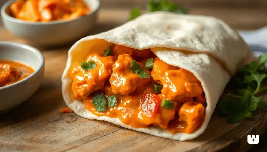 Cross-section of a buffalo chicken wrap showing layered fillings