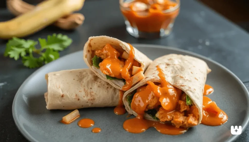 Low-carb buffalo chicken lettuce wrap with avocado and blue cheese