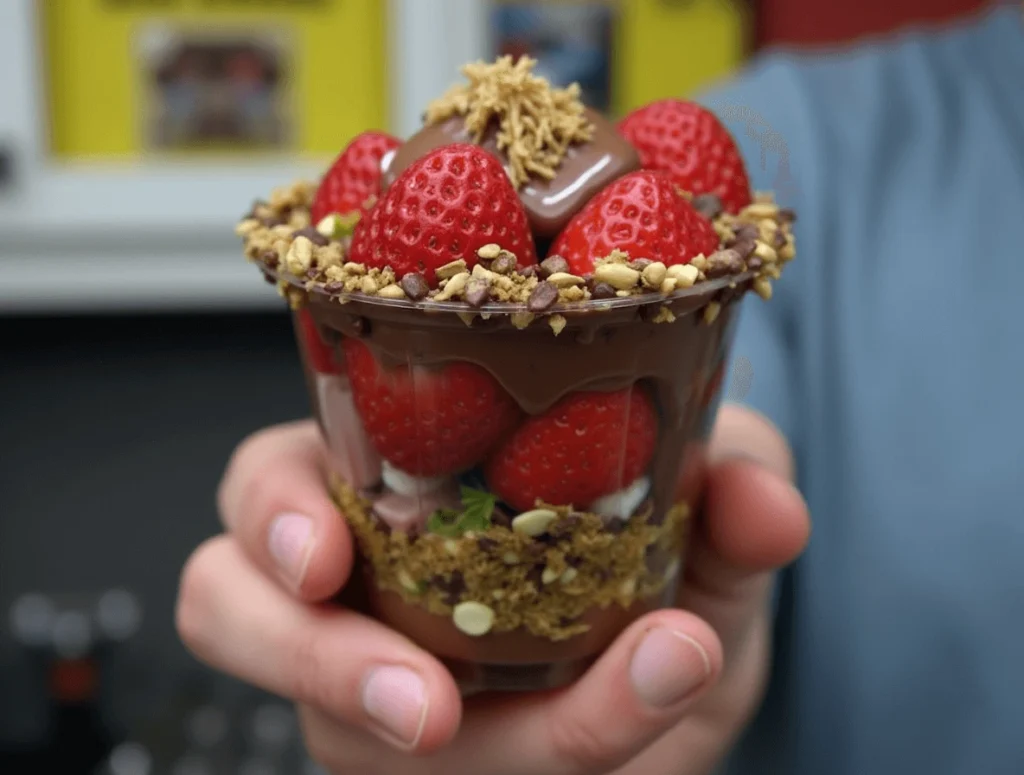 Dubai chocolate strawberries arranged on a dessert platter with sparkling wine.