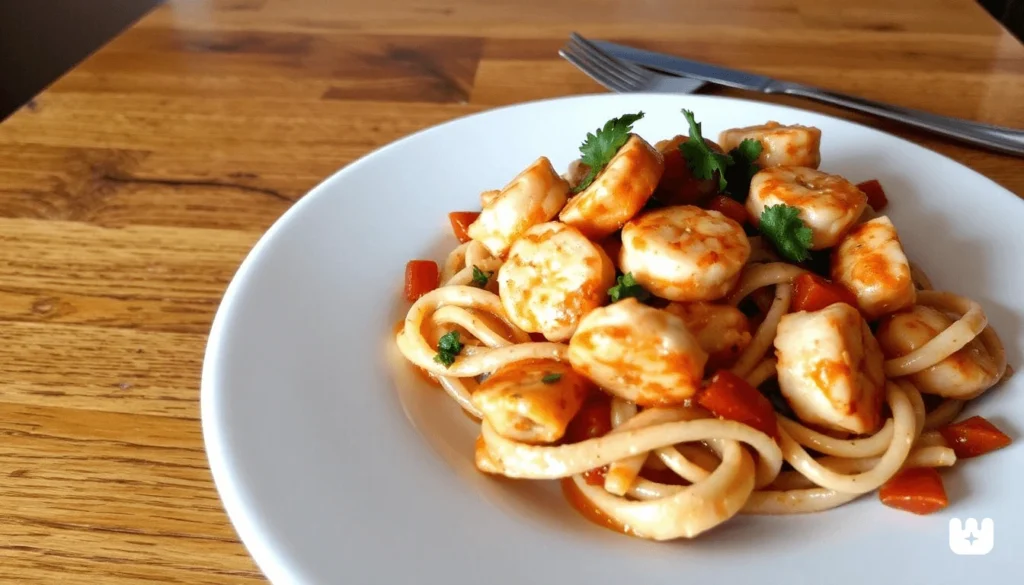 "Plated Cajun shrimp pasta with lemon wedges and parsley garnish on a wooden table"