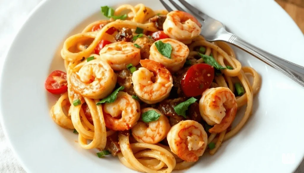 "Fettuccine noodles being tossed with Cajun cream sauce and shrimp in a skillet"