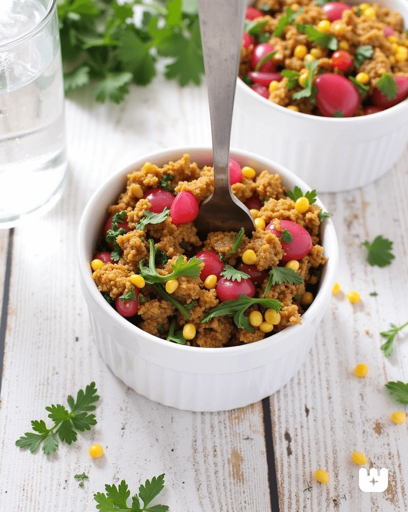 Tuna-stuffed bell peppers with diced vegetables on a serving dish
