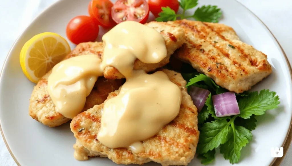 Crispy, golden chicken cutlets served on a plate with fresh lemon wedges