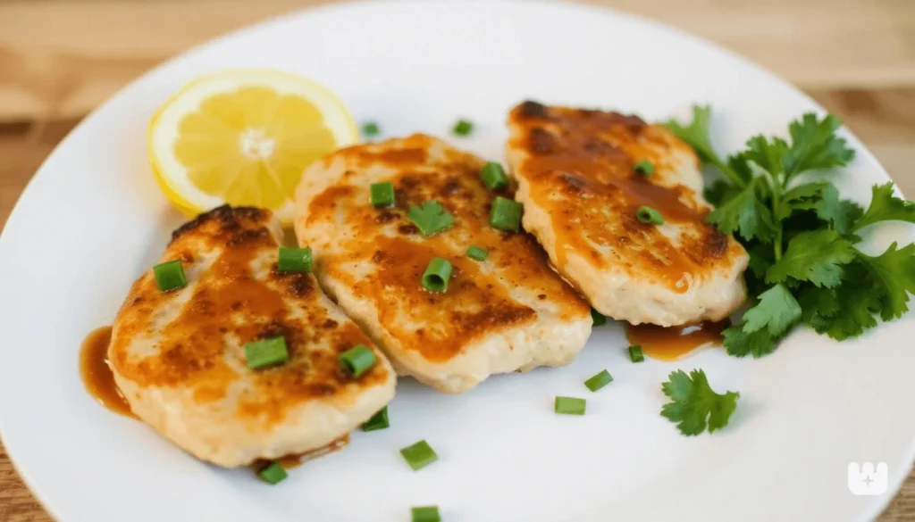 Baked chicken cutlets with roasted vegetables on a serving plate