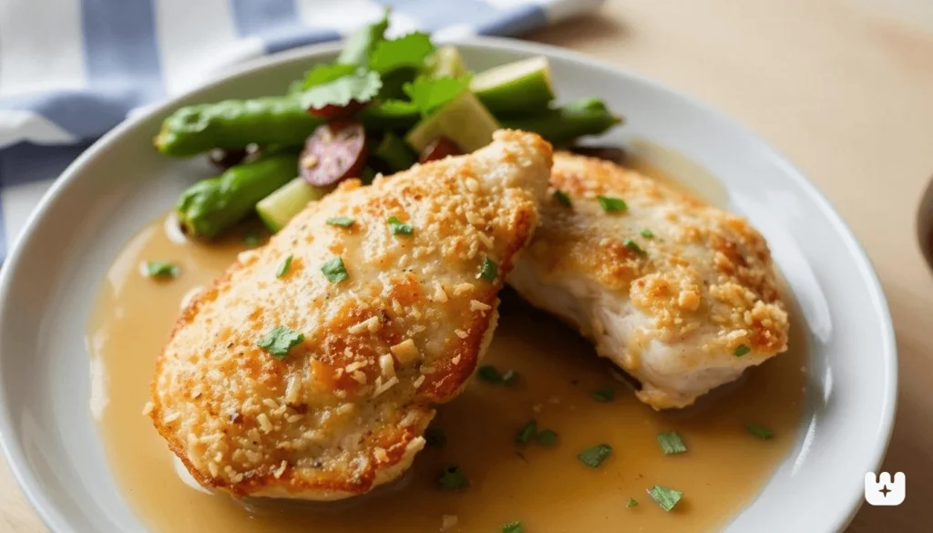Chicken cutlets frying in a skillet with golden-brown crust