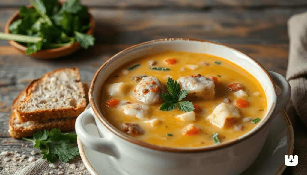 Creamy Italian sausage soup simmering with cream and broth