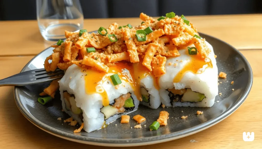 Rolling crunchy roll sushi using a bamboo sushi mat