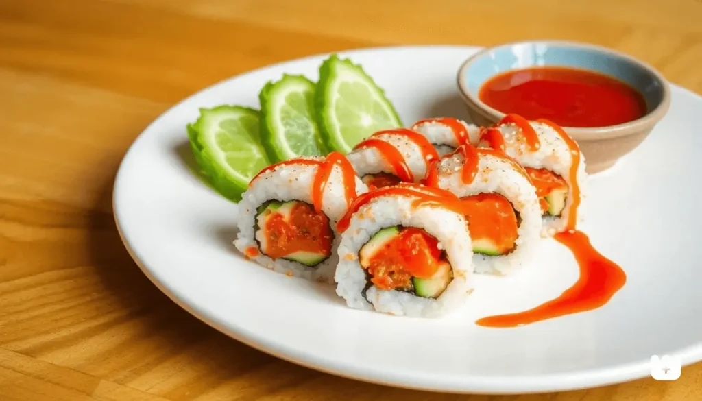 Crunchy roll sushi drizzled with spicy mayo and eel sauce
