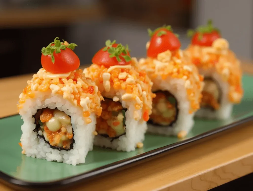 DIY sushi night setup with ingredients and crunchy roll sushi