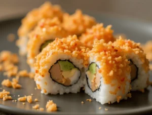 Inside view of crunchy roll sushi showing shrimp, avocado, and cucumber