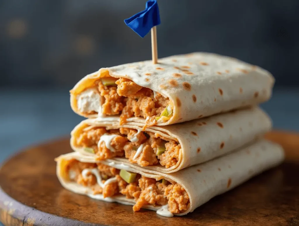 Ingredients for a buffalo chicken wrap laid out on a table