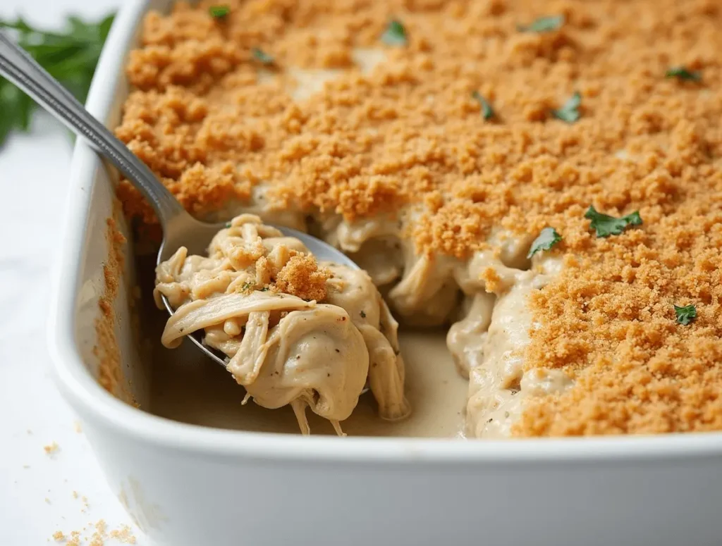 Creamy chicken, sour cream, and cheese mixture in a bowl for casserole prep.