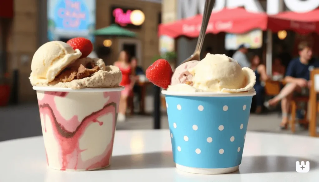 "Vanilla ice cream in a biodegradable cup with chocolate drizzle and sprinkles"