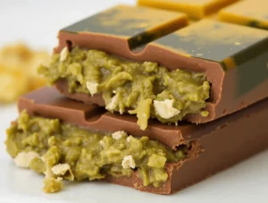 Close-up of a sliced knafeh chocolate bar with gooey chocolate filling